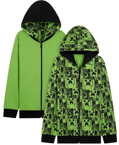 MINECRAFT Felpa Bambino - Felpa con Cappuccio e Zip in Cotone Misto 5-14 Anni Felpe Ragazzo Reversibili Gadget Regali per Gamer (Verde, 11-12 Anni)