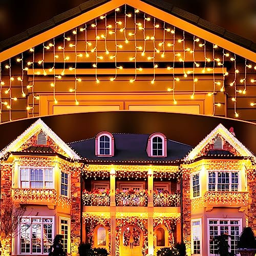 Elegear 10M 400 LED Eisregen Lichterkette Außen, Erweiterbare Lichtervorhang mit Timer IP44 Warmweiß Eiszapfen Lichterkette Fenster 8 Modi Weihnachtsbeleuchtung für Weihnachtsdeko Traufe Garten Balkon