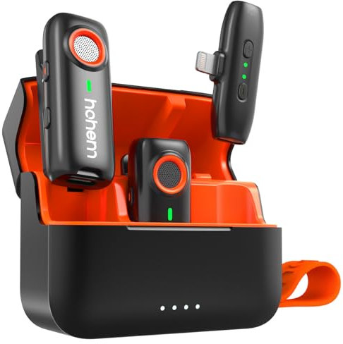hohem MIC-01 Microfono wireless ad lavalier per iPhone iPad, registrazione a due canali, registrazione audio a 360°, tempo di utilizzo 20H, Certi-ficato MFi, cancellazione del rumore DSP, per Vlog