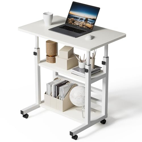 Warmiehomy Movable Computer Desk Table Height Adjustable Office Desk with Wheels,Laptop Table Study Gaming Desktop Workstation 2 Shelves for Home Office Furniture,60x37x60-90cm White