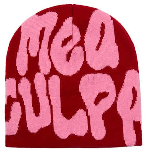 AMOFIA Damen Y2K Beanie Warm Bonnet Strickmütze Unisex Me Culpa Winter Caps für Geschenk, Wein, Einheitsgröße