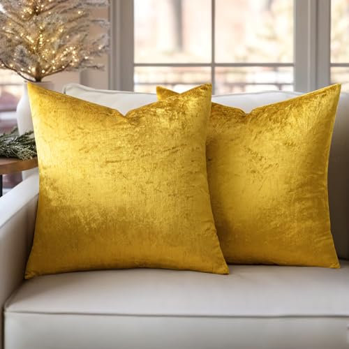 Slozzi 2er Set Samt Kissenbezüge Haushalt Dekokissen Dekorative Kissenhülle Weich Sofakissen für Sofa Schlafzimmer Wohnzimmer 45x45 cm Glänzendes Gold