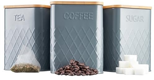 Cooks Professional 3 Piece Tea, Coffee & Sugar Square Cannister Set with Bamboo Lids | Diamond Pattern Labelled Stainless Steel Kitchen Storage Bins Airtight Containers | Grey