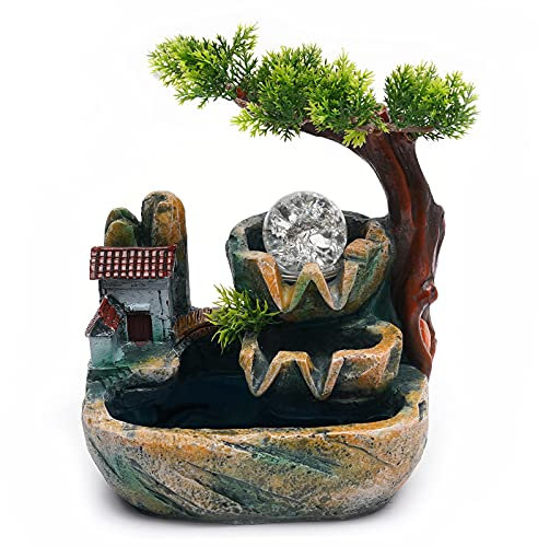 Zimmerbrunnen Tischbrunnen mit LED-Beleuchtung und Luftbefeuchter Rockery Grüne Pflanze Desktop Ornament für Büro Wohnzimmer Geschenk Raumdekoration 25 x 20 x 15 cm