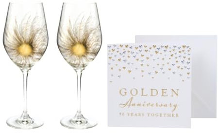 Fantasia Design Golden Wedding Anniversary Wine Glass Pair with Greetings Card - Mouth Blown/Hand Decorated Glass - Gold - 50th Wedding Anniversary Set - 23.5 cm