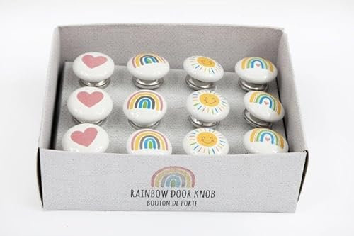Sets of 4 Heart, Rainbow & Sun Round Ceramic Decorative Baby Childrens Door/Draw Knobs (One of Each Design)