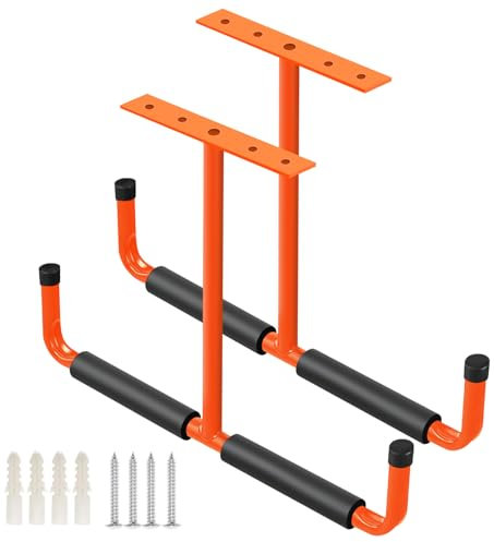 LAJIAOZ 2 Pack Heavy Duty Overhead Garage Storage Hooks Rack Hanger -Ceiling-Mounted Utility Hooks Ladder Hanger Safe Racks for Fishing Rod,Tools,Wood,Ladders,Garden Hoses & Other Bulky Items