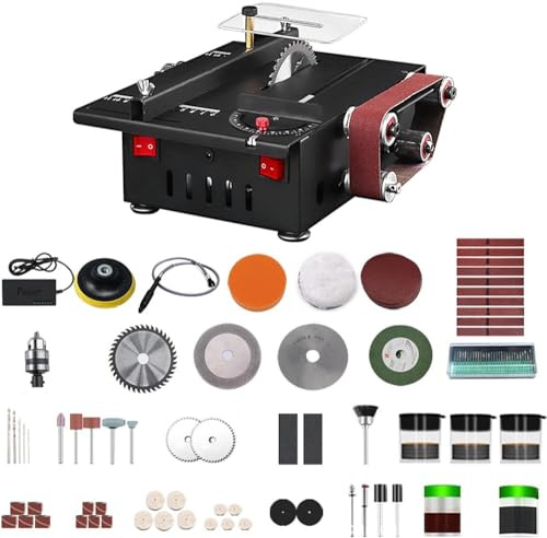 Amoladora, mini sierra de banco y lijadora de banda de 150 W, sierra de mesa circular de velocidad variable, profundidad de corte de 30 mm, lijadora de mesa DIY con 10 correas de lijado for madera, pl
