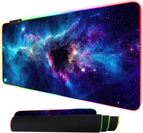 Extended RGB Gaming Mouse Pad XXL: Large LED Mousepad with 14 Lights Modes, 35.4 x 15.7 inches Desk Mat for Keyboard and Mouse, Desk Pad Matt PC Gaming Accessories for Home, Office, Work（Galaxy