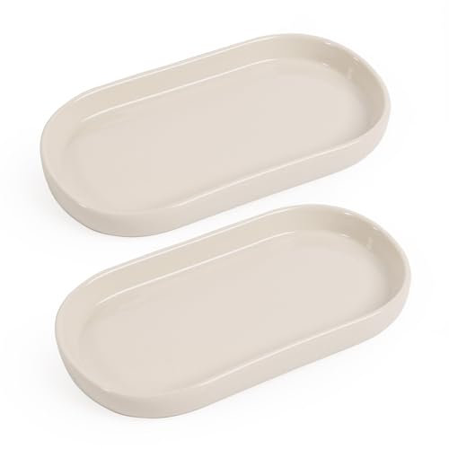 Autumnlife Badezimmer Tablett Keramik, 2 Stück Oval Tablett Deko Ablageschale Kosmetik Kleines Tablett für Toilette und Waschtisch Badewanne Küchenspüle - Cremeweiß