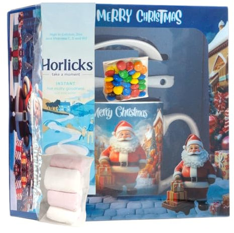Divas World Christmas Ceramic Mug Gift Set with Spoon, Plate/Saucer, Hot Chocolate, Marshmallows & Candy Festive Holiday Treat Box (HK-2178B Blue Mug with Festive Treats)