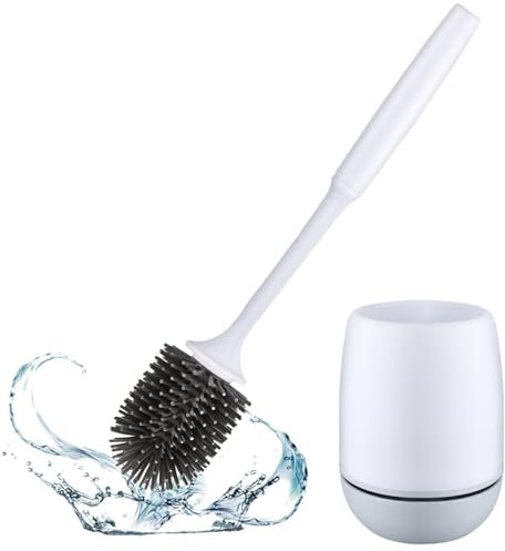 Toilettenbürste mit Sockel, Silikon Toilettenbürste Toilettenbürsten Set, Silikonborsten Nicht leicht zu zerkratzen, kann an der Wand montiert oder auf dem Boden aufgestellt Werden (1er Pack) Weiß