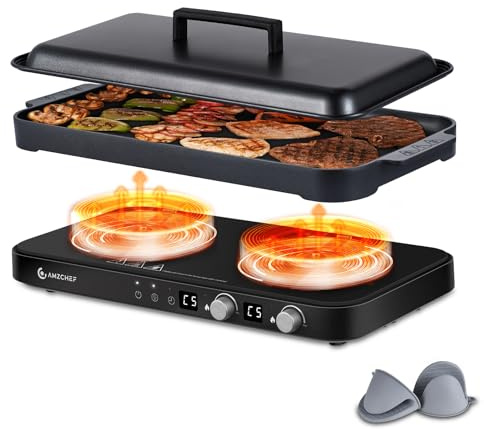 AMZCHEF Double Induction Cooktop with Removable Griddle Pan Non-stick,Black