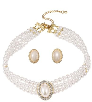 MOPZIJA Vintage Imitation Perlen Halskette,Kurz Multi Schichte Choker Perlenkette,20er Jahre Flapper Gatsby Themed Prom Festival Party Elegant Stil Fasching Kostüm Zubehör，Mit 1 Paar Perlenohrringen