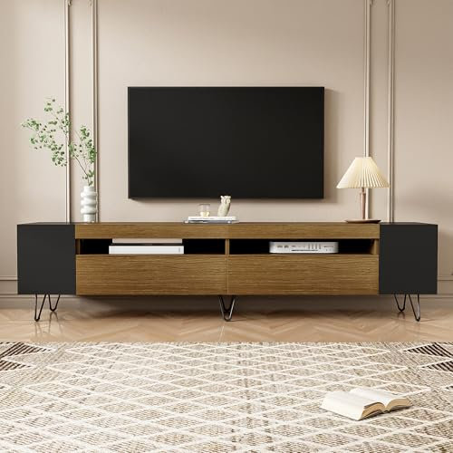 Mobile TV moderno, spazioso, effetto legno, lunghezza 180 cm, stabile e durevole, piedini in metallo, 180 L x 36 L x 43 H cm (nero e effetto legno)