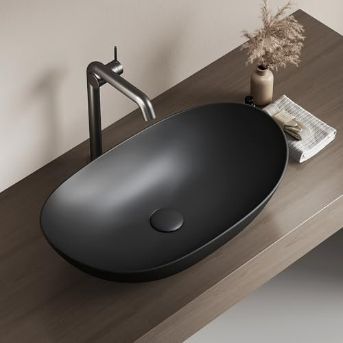 EMKE Lavabo da Appoggio Ovale 61,5 × 36 × 15,5 cm, Lavabo in Ceramica per Bagno e WC Ospiti, Mini Lavabo Compatto, Nero opaco
