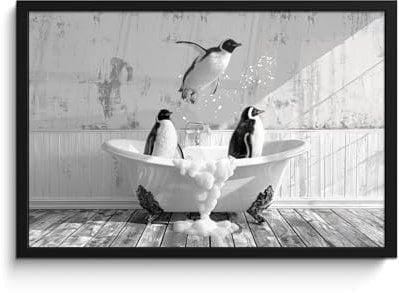 MuchoWow© Wandbilder mit Rahmen 60x40 cm Wanddeko Bilder Wohnzimmer Moderne Zimmerdeko Geschenk Bilderrahmen Vintage - Pinguin - Badewanne - Schaumstoff - Schwarz und weiß