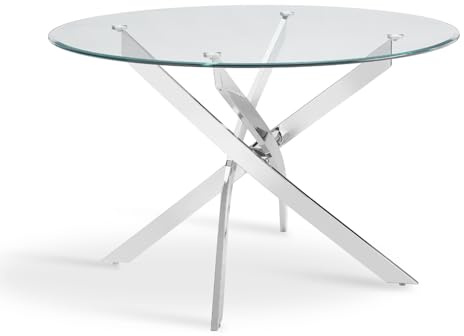 Round Glass Dining Table with Chrome Legs or Black Legs, Round Glass Table for 4 or 6 People, Small 4 Seater Dining Table or 6 Seater Dinner Table (Silver Legs, 120cm)