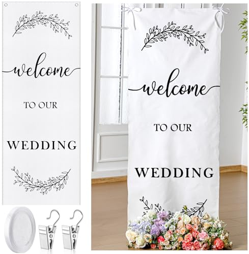Yousoontic Welcome to Our Wedding Sign Linen Rustic Wedding Welcome 60 x 24 Inches Banner with Satin Ribbon and Retaining Clip for Ceremony, Arch, Reception Backdrop