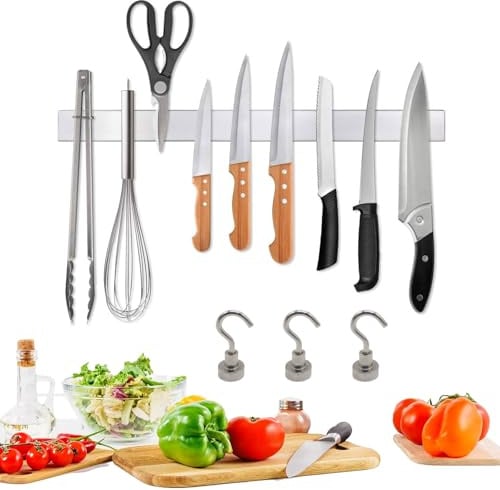Magnetleiste Messer,40 cm Messer Magnetleiste selbstklebend,3M Klebeband ohne Bohren,aus Premium-Edelstahl,rostfrei & hygienisch,mit 3 Haken,Messerhalter Magnetisch
