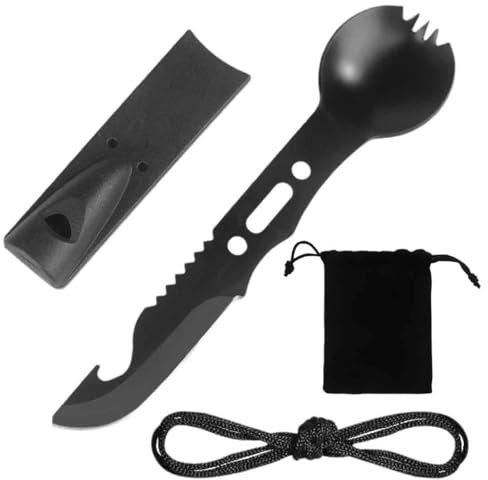 5 in 1 Posate in Acciaio Inox Posate da Campeggio, Set da Aperto Viaggio, Kit Posate Applicare, mit Knoten und Tüte, Escursioni Viaggi Backpacker Picnic Outdoor Campeggio Festival