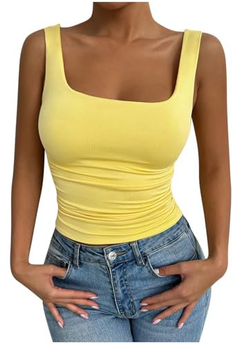 Ladies Tank Tops Summer Wide Strap Vest Tops Casual Square Neck Vests Lightweight Solid Color Women Crop Top Gym Sport Cami Slim Fit Camisole Athletic Yoga Sleeveless Underwear