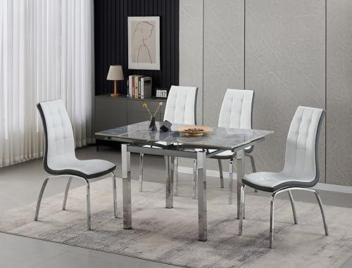 Furnizone UK Piccolo Grey Sintered Stone Extending Dining Table with 4 Vienna Faux Leather Chairs Dining Set (White)