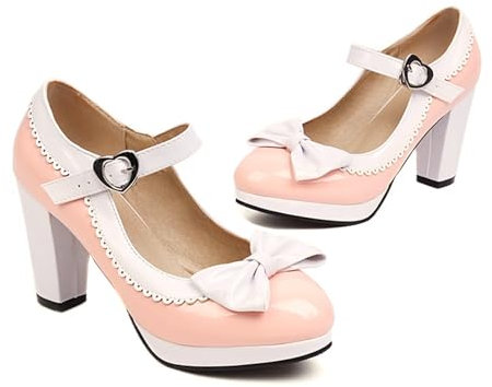 Mary Jane Schuhe Damen beige, Mary Jane Schuhe Damen Schwarz mit Bogen Absatzschuhe Damenschuhe Chunky Elegant Halbschuhe Hohe Sommer Pumps Spangenpumps Bequem High Heels Shoes für Frauen, Rosa