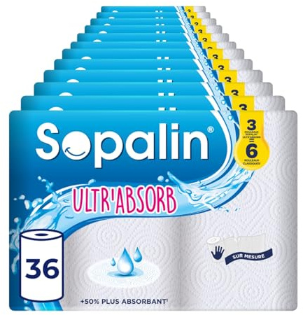 Sopalin Ultr’Absorb, 36 Maxi Rouleaux Essuie-Tout Cuisine, 2 Plis | 130 Feuilles par Rouleau, 50% Plus Absorbant, Maxi Rouleaux 2 Fois plus Longs, Demi-feuilles, Blanc