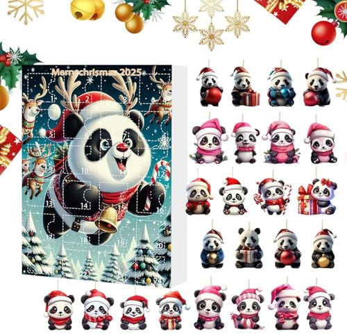 Panda Adventskalender 2025, 2D Acryl Panda Weihnachtsschmuck Anhänger, 24 Tage Weihnachts Countdown Kalender für Fensterauto Rückspiegel Spiegel Wandtor Weihnachtsbaumdekoration