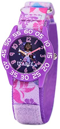Disney Encanto Isabela Mädchen 3–7 mit klassischem Zifferblatt, Geschenk für Mädchen, die Encanto lieben, leicht ablesbares Gesicht, violette Lünette und violettes Nylonarmband