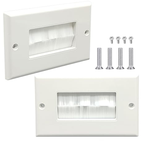 2Pcs 4.49 * 2.76in White Brushplate Wall Plate, 2 Gang Double Twin Brush Faceplate, Wall Mounted Outlet Cable Entry Plates, Tidy Cable Pass Through Insert for Wires and Cables Access
