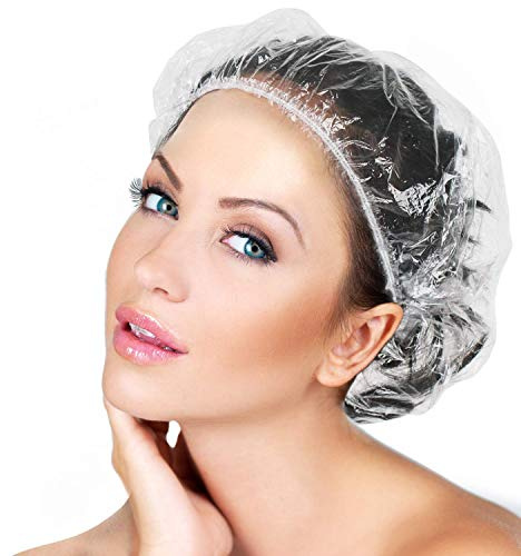 100 Pcs Disposable Shower Caps - Large Waterproof Hair Caps for Women & Men, Thicker Plastic Bath Caps for Deep Conditioning, Hair Treatment, Spa and Travel Essentials (Clear)