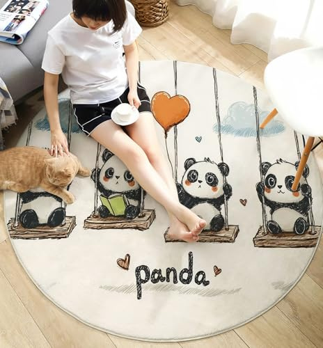 ANALTIRCE Aquarell Tiere Teppich Rund 100 cm, Waschbare Teppiche, Weiß Runder Teppiche, rutschfest Carpet, Cartoon Panda Bedruckter Teppich Schlafzimmer, Kinderzimmer