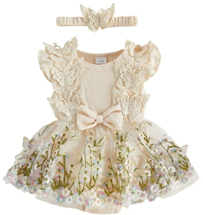 JCOPLY Newborn Baby Girl Romper Dress With Headband Cute Summer Clothes | Butterfly Decor Flying Sleeve Ribbed Bodysuits Flower Embroidery Tulle Skirt Patchwork Infant Girls Birthday Wedding Outfit