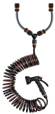 Hot and Cold Dog Shower Spiral Hose Kit 10m - 3 Way Splitter for Mixing - 9 Spray Pattern Gun - Anti Kink Extendable Coil Hose - Pet Wash Patio Outdoor Cleaning - Hozelock Gardena Compatible Fittings