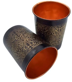 Set di 2 bicchieri in rame di alta qualità, 99,9% rame puro, 250 ml, bicchieri ayurvedici per acqua, realizzati a mano in India, bicchieri tradizionali in rame (decorazioni nere e dorate)