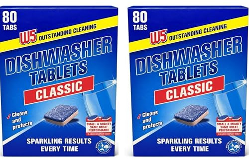 W5 SparkleClean Dishwasher Tablets 80 Tabs – Compact Dishwasher Tabs for Cleaning Dishes, Glassware & Stainless Steel Cutlery – Everyday Dishwasher Detergent Tablets Pack of 2