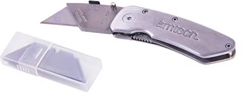 Amtech Foldback Utility Knife, Stainless Steel Body with Belt Clip and 10 Spare Blades, for DIY and Trade Use.