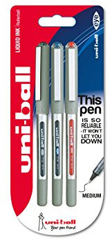 Uni-ball 153529308 UB-157ye Fine Kugelschreiber, Uni Super-Tinte, 0.7 mm Spitze, 3 Stück schwarz/blau/rot