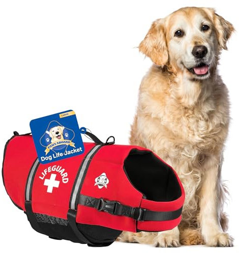 Paws Aboard Hundeschwimmweste – Schwimmweste für Hunde, verstellbar, reflektierend, bequem, mehrere Farben, Muster, XXS bis XL, Hunde-Schwimmweste mit Griff, Rot, Größe L