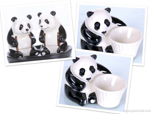 un kit du petit dejeuner de ours du panda :Salière et Poivrière - et deux coquetiers de panda