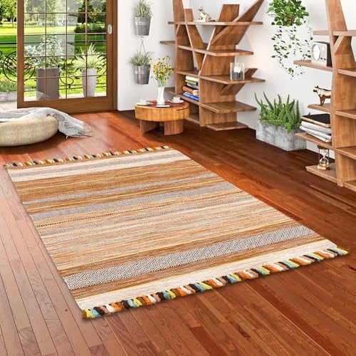 Navarro Natur Teppich Bauwolle Kelim Kalleen Beige in 6 Größen