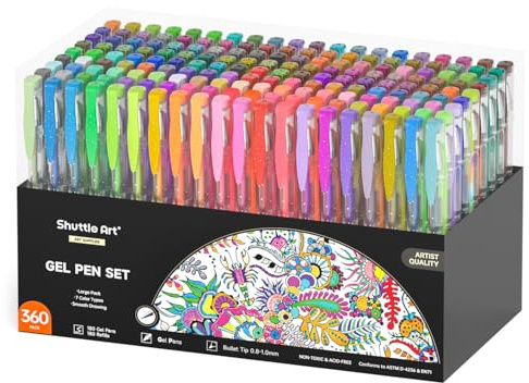Shuttle Art 360 Pack Gel Pens for Colouring, 180 Assorted Colours | 180 Colours Gel Pens plus 180 Colours Refills, Ideal for Adult Colouring Books, Doodling, Drawing, Writing