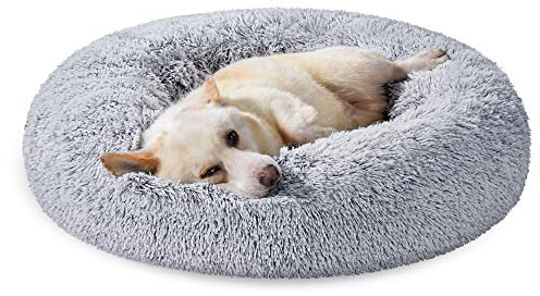 Feandrea Hundebett flauschig, Katzenbett, Donut Kissen, waschbar, Polsterung in der Mitte herausnehmbar, Langer Plüsch, 80 cm Durchmesser, Ombré-Grau PGW040G01