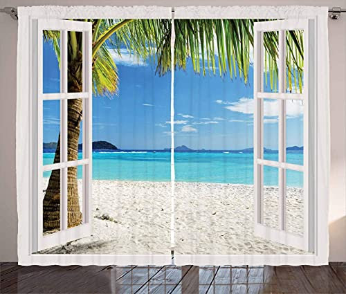 LKCD Verdunkelungsvorhänge, Tropische Palmen Am Inselmeerstrand Durch Die Weißen Holzfenster 200X160Cm 2 Vorhänge Mit Ösen Für Schlafzimmer, Verdunkelungsvorhänge