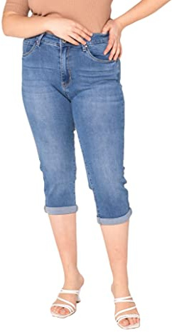 Nina Carter P200 Damen Capri Jeanshosen Große Größen HIGH Waist Jeans Sommer Hose Used-Look (44, Blau (P200-5))