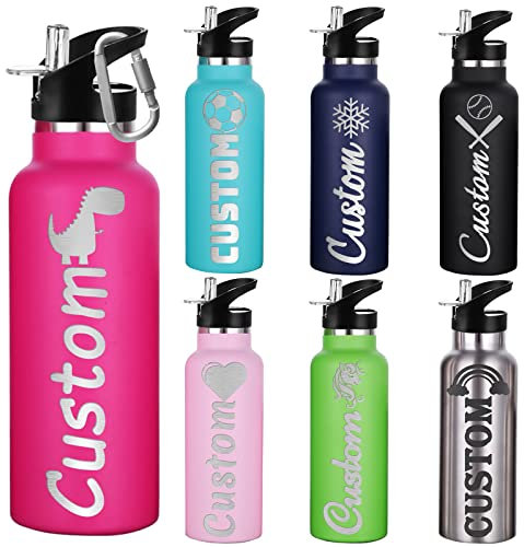 Custom Water Bottles, Personalised Sports Water Bottles with Straw Lid and Handle, Engraved Name Customized Water Bottle Leak Proof Vacuum Stainless Steel for Camping, Office (12oz)