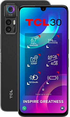 TCL 30 Sim Free Smartphone 64 + 4GB, 6.67” FHD+ AMOLED Display, 50MP high res cam, 5000 mAh (Renewed)
