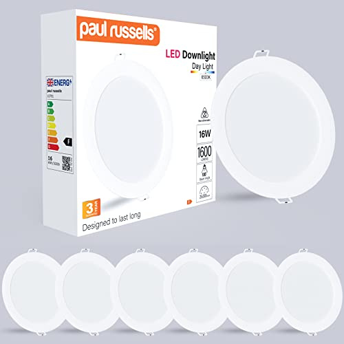 paul russells LED Ceiling Downlights, 16W Slim Recessed Bathroom Downlights, Kitchen Ceilings, 1600 Lumens, 6500K Bright Daylight, Cutout 145-155mm, Round Non-Dimmable Panel Spotlights, 6 Pack
